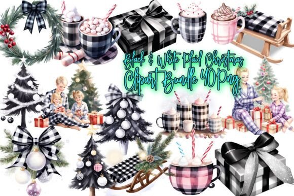 Black White Plaid Christmas Clipart: Festive Illustrations