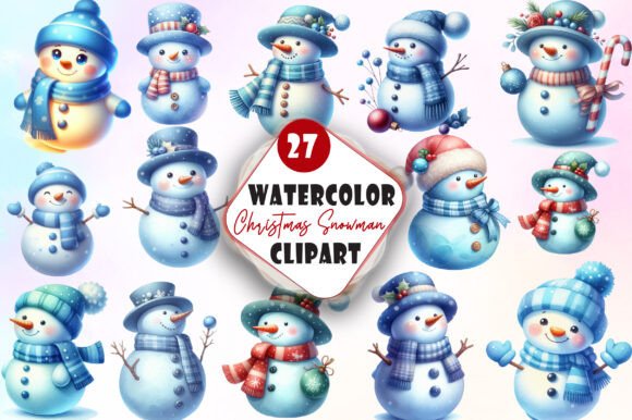 Blue Christmas Snowman Clipart Bundle: Illustrations