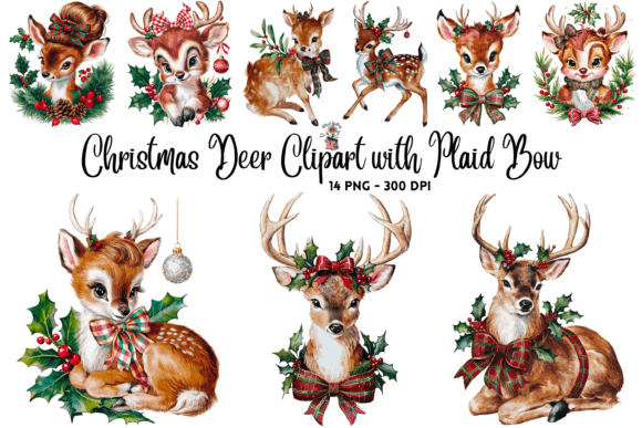 Christmas Deer Clipart with Plaid Bow Illustrations