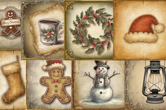 Golden Christmas EPHEMERA: Junk Journal Illustrations