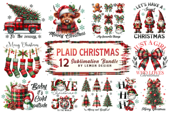 Plaid Christmas PNG Sublimation Bundle: Festive Illustrations