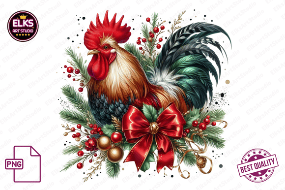 Watercolor Christmas Chickens Clipart Illustrations