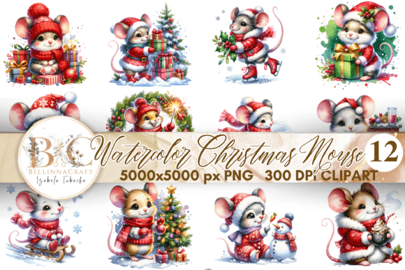 Watercolor Christmas Mouse Clipart PNG & Illustrations